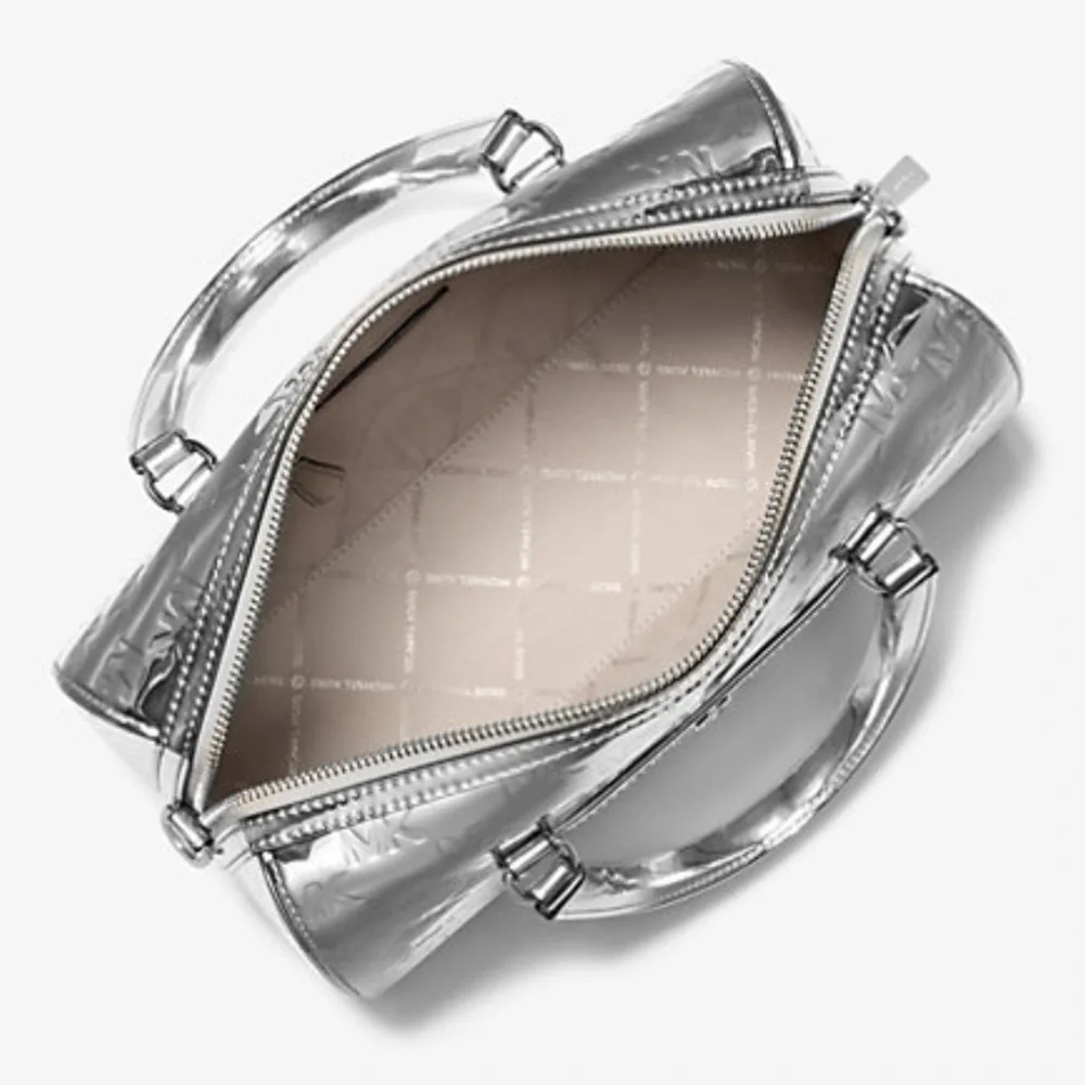 MICHAEL KORS Jet Set Medium Patent Logo Debossed Duffel Crossbody Bag Silver NWT